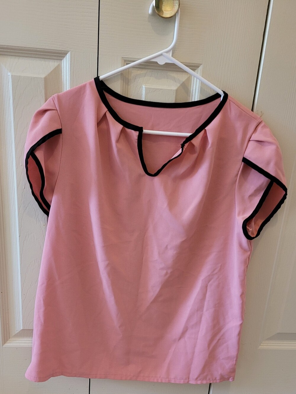 Pink Short Sleeve Blouse with Black Trim- LARGE